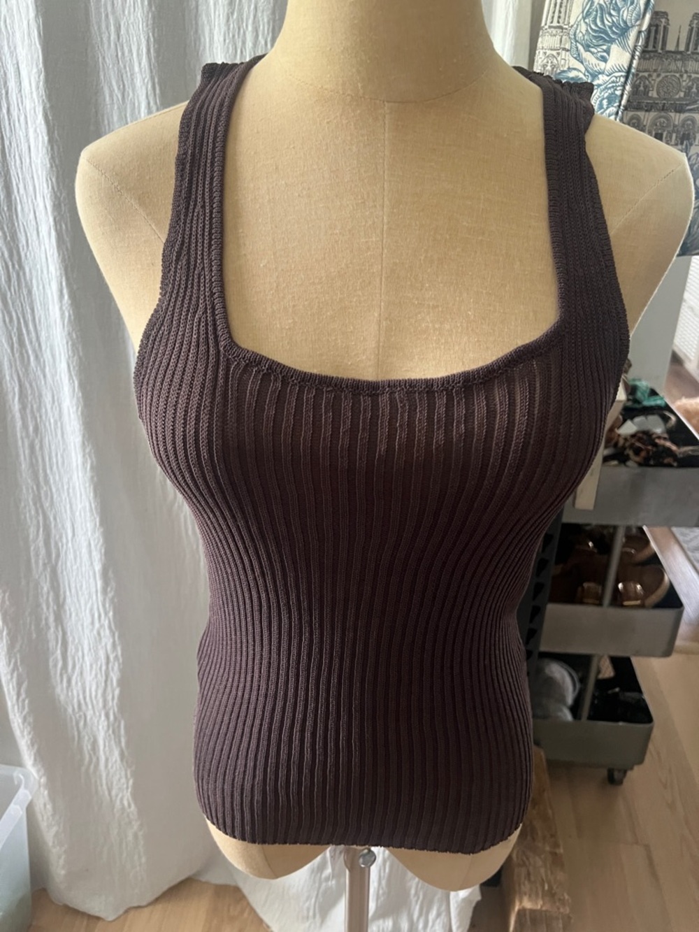 Mango Ribbed Square-Neck Tank Top - Dark Brown